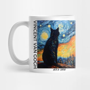 Vincent Van Gogh Artstyle, classic vincent van gogh painting, cat and starry night painting, oil painting, black cat, funny cat Mug